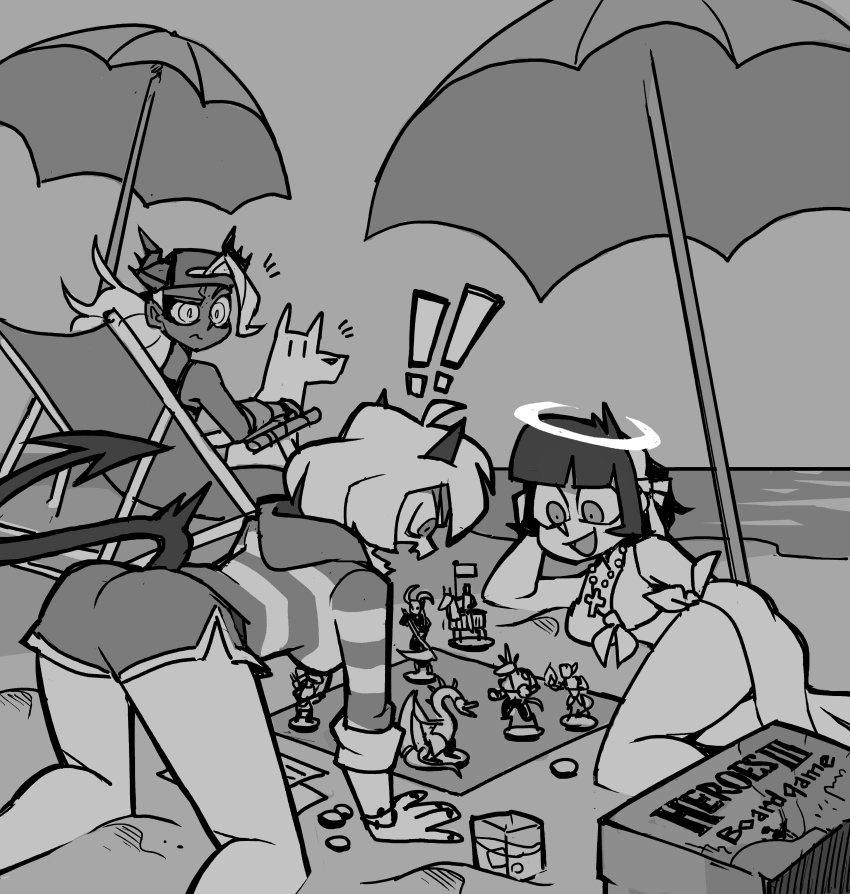 ! !! 3girls absurdres angel angel_and_devil azazel_(helltaker) beach beach_umbrella bikini black_horns black_tail board_game clawed_gauntlets colored_skin demon_girl demon_horns demon_tail english_text front-tie_bikini_top front-tie_top glass grey_skin greyscale hat helltaker heroes_of_might_and_magic heroes_of_might_and_magic_iii highres hood hoodie horns judgement_(helltaker) malina_(helltaker) might_and_magic monochrome multiple_girls ocean playing_games sand sarong shore short_shorts shorts swimsuit tail tonfa umbrella vanripper water weapon