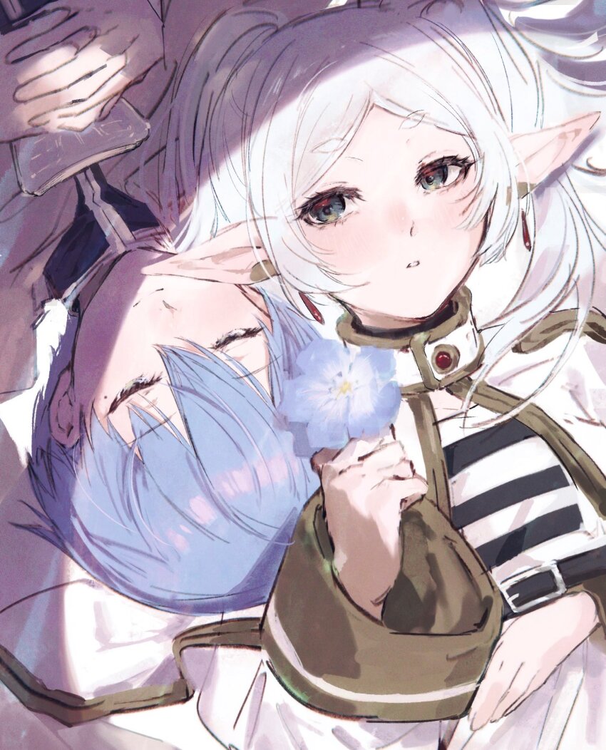 1boy 1girl blue_flower blue_hair blue_shirt blush capelet closed_eyes closed_mouth double-parted_bangs dress elf flower frieren green_eyes highres himmel_(sousou_no_frieren) holding holding_flower long_hair looking_at_another lying moku_(muooku) mole mole_under_eye on_back own_hands_together parted_lips pointy_ears shirt short_hair sidelocks smile sousou_no_frieren twintails very_long_hair white_capelet white_dress white_hair