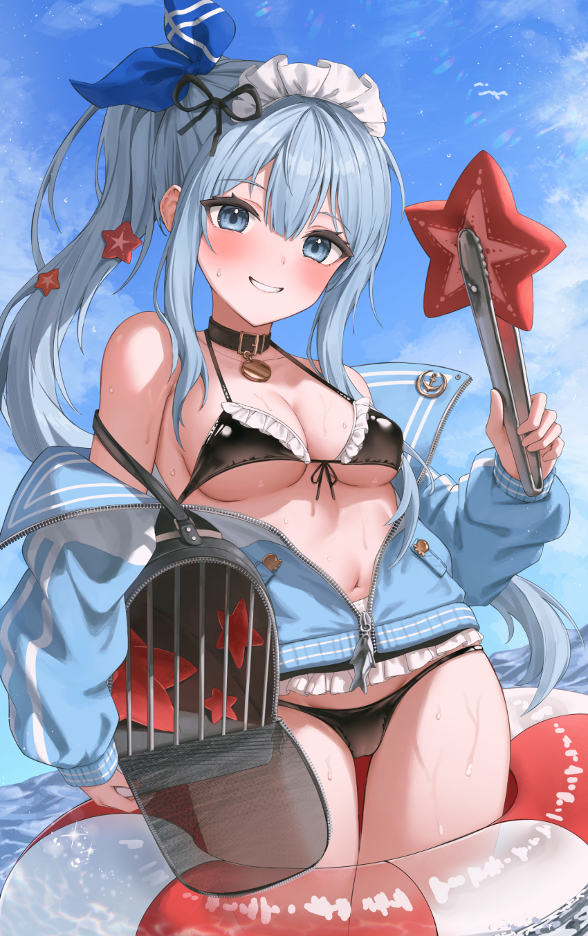 1girl absurdres anchor_(innocent_maid)_(nikke) anchor_(nikke) bikini black_bikini black_collar blue_eyes blue_hair blue_jacket blue_sky blush breasts cage cloud collar cowboy_shot day goddess_of_victory:_nikke grin high_ponytail highres holding holding_cage holding_tongs innertube jacket long_hair looking_at_viewer maid_headdress medium_breasts official_alternate_costume outdoors partially_unzipped pet_carrier ponytail shiriaru_(jjonaeng) sky smile solo starfish_hair_ornament swim_ring swimsuit tongs track_jacket very_long_hair wading water wet