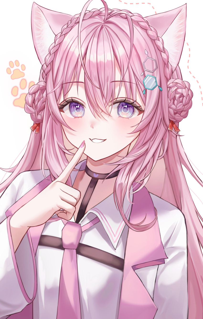 1girl absurdres animal_ears animal_hands antenna_hair black_choker blue_eyes blush braid braided_bun choker clip_studio_paint_(medium) coat collared_shirt crown_braid double_bun eyelashes fang fingernails gradient_eyes grin hair_between_eyes hair_bun hair_ornament hair_ribbon hakui_koyori hakui_koyori_(1st_costume) heart heart_choker highres hololive index_finger_raised lab_coat long_hair looking_at_viewer multicolored_eyes nail_polish necktie open_clothes open_coat pink_eyes pink_hair pink_nails pink_necktie purple_eyes red_ribbon ribbon shirt simple_background skin_fang smile solo syuukamona virtual_youtuber white_background white_coat white_shirt wolf_ears wolf_girl