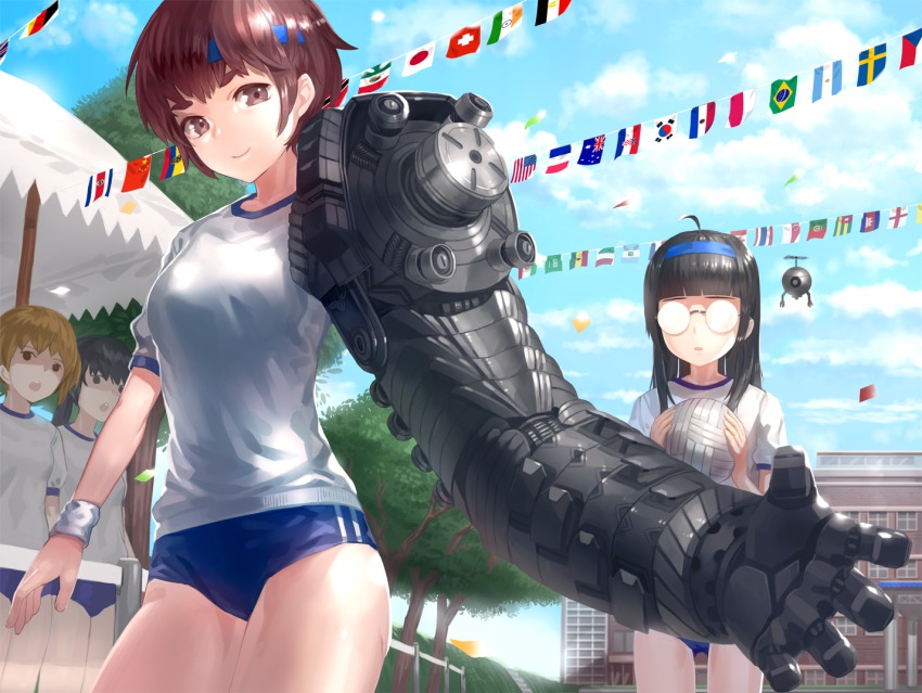 4girls ahoge american_flag australian_flag ball black_hair blonde_hair blouse blunt_bangs bracelet brazilian_flag brown_eyes brown_hair building buruma confetti costa_rican_flag croatian_flag cyborg czech_flag day drone eyebrows flag flags_of_all_nations french_flag from_below glasses gym_uniform headband holding holding_ball japanese_flag jewelry kfr long_hair mechanical_arms mechabare mexican_flag multiple_girls opaque_glasses open_mouth original outdoors outstretched_hand people&#039;s_republic_of_china_flag polish_flag revision round_eyewear shirt short_hair single_mechanical_arm sky smile sports_festival string_of_flags sunlight swedish_flag swiss_flag tent thai_flag tree volleyball_(object) white_shirt wristband