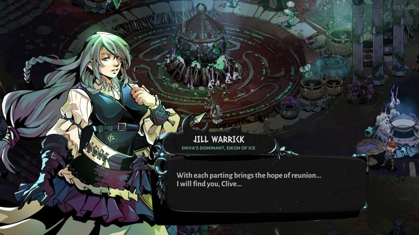 2girls asymmetrical_arms asymmetrical_gloves braid character_profile crossover dialogue_box dress final_fantasy final_fantasy_xvi floating_hair frilled_dress frilled_skirt frills gloves green_arm grey_hair hades_(series) hades_2 highres jill_warrick leather_belt long_hair melinoe_(hades) multiple_girls piccolourme puffy_sleeves single_braid skirt