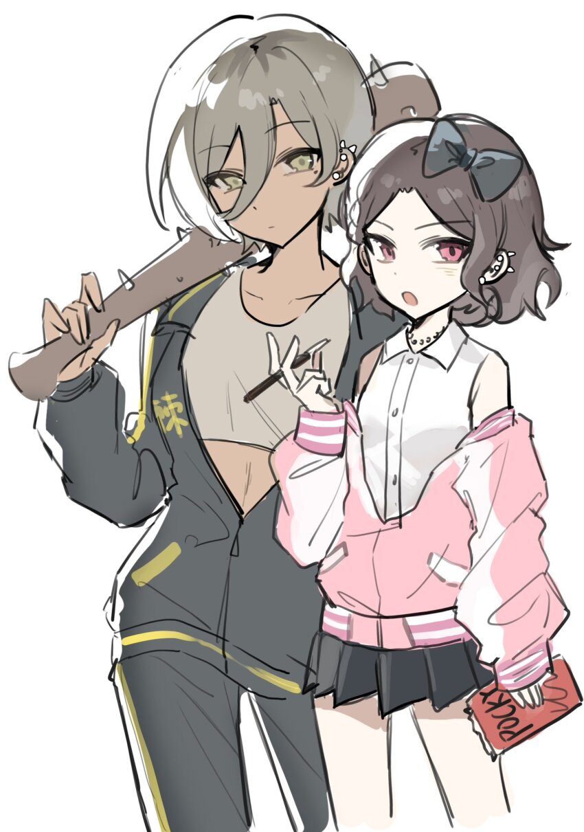 2girls baseball_bat bow brown_hair caigengen club club_(weapon) cowboy_shot cropped_legs ear_piercing ebizuka_tomo food girls_band_cry grey_hair hair_bow highres holding holding_baseball_bat holding_food holding_pocky jacket jewelry looking_at_viewer multiple_girls necklace open_mouth pants partially_unzipped pearl_necklace piercing pink_eyes pocky rupa_(girls_band_cry) shirt short_hair simple_background skirt sleeveless sleeveless_shirt spiked_club weapon white_background yellow_eyes