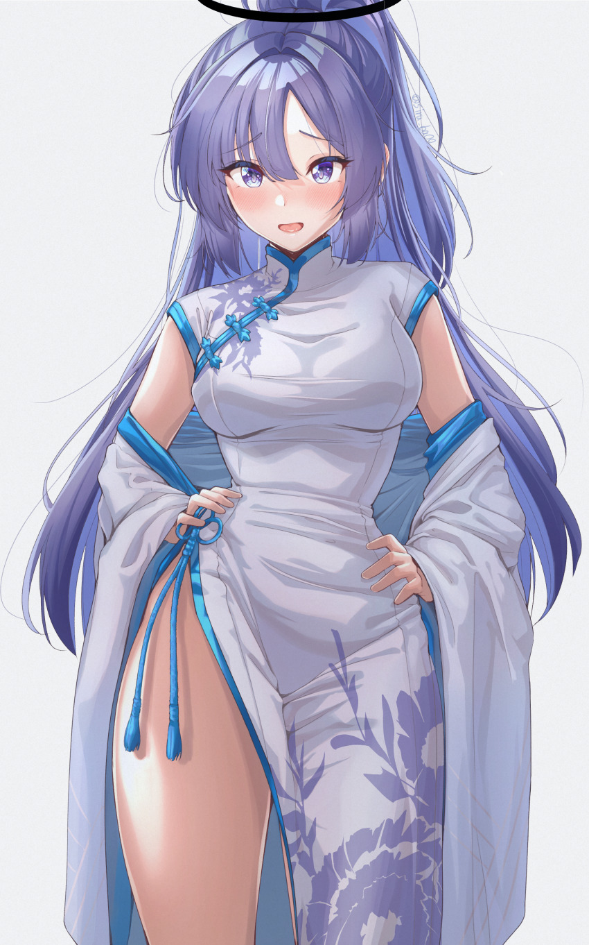 1girl :d \||/ absurdres blue_archive blush breasts china_dress chinese_clothes contrapposto detached_sleeves dot_nose dress facing_viewer floral_print forehead full-face_blush high_ponytail highres kagin_(kagou_shita_nanika) legs_apart long_hair long_sleeves looking_at_viewer medium_breasts open_mouth parted_bangs ponytail purple_eyes purple_hair shadow short_sleeves simple_background smile solo standing taut_clothes taut_dress thighs tongue twitter_username white_background white_dress white_sleeves wide_sleeves yuuka_(blue_archive)