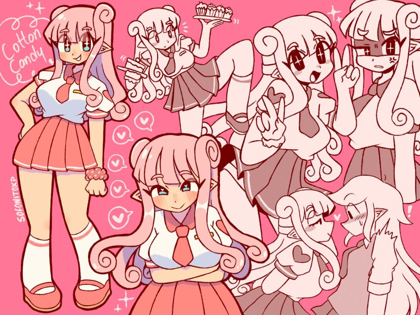 +_+ 2girls :&gt; arms_under_breasts blue_eyes blush breasts closed_mouth crossed_arms cupcake double_v food heart highres holding holding_tray kneehighs large_breasts looking_at_another multiple_girls necktie open_mouth original pink_background pink_hair pleated_skirt pointy_ears red_necktie red_shoes red_skirt shoes simple_background skirt smile socks sofo_soup speech_bubble spoken_heart sweatdrop tray v white_socks