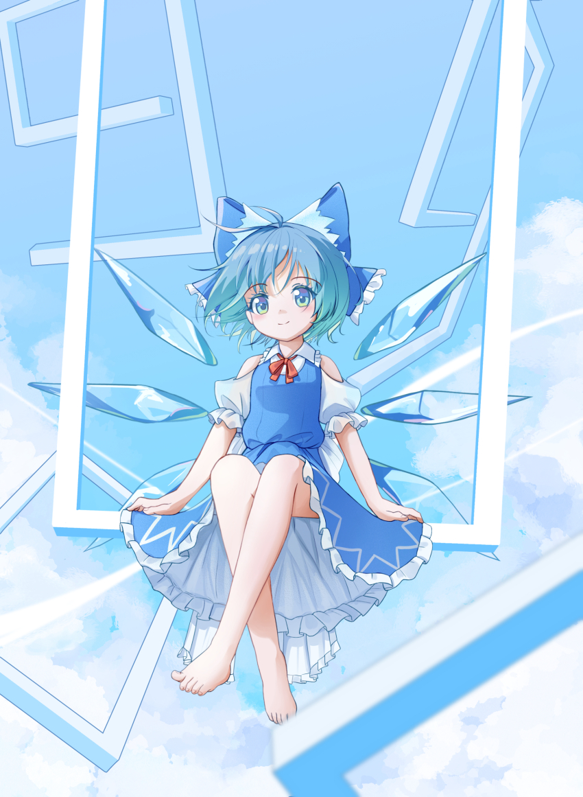 1girl absurdres blue_bow blue_dress blue_eyes blue_hair blue_sky bow cirno cirno_day crossed_legs dress frilled_dress frills hair_bow highres ice ice_wings lbcirno9 looking_at_viewer neck_ribbon puffy_short_sleeves puffy_sleeves ribbon shirt short_hair short_sleeves sitting sky touhou white_shirt wings
