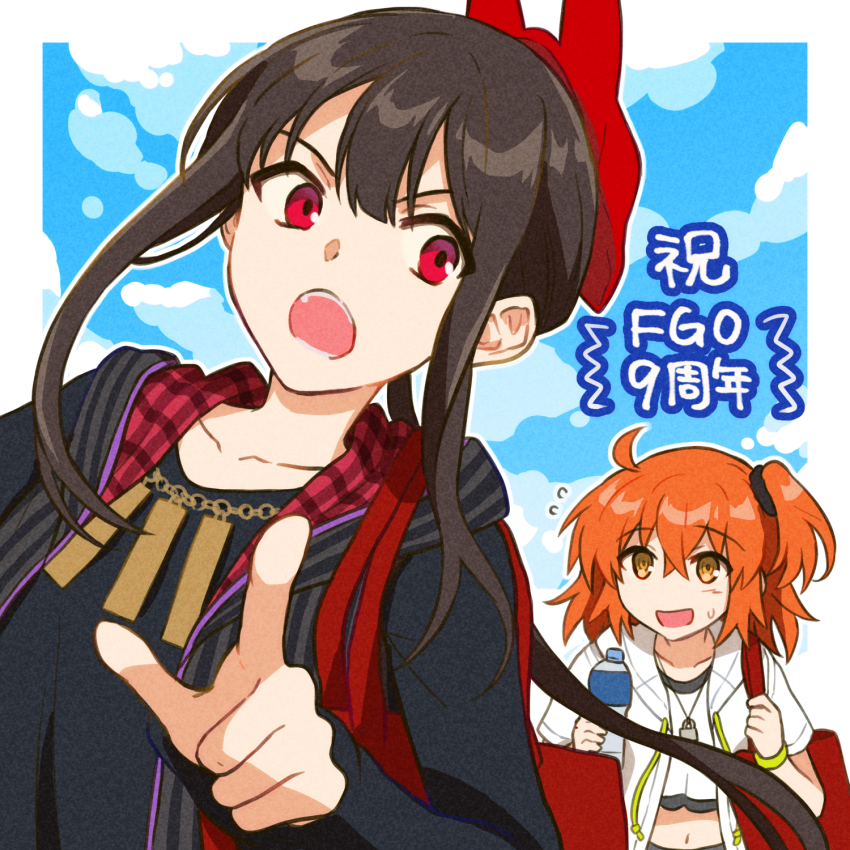 1boy 1girl :d :o anniversary black_hair black_shirt blue_sky border bottle brown_hair center-flap_bangs chain collarbone crop_top drawstring dutch_angle fate/grand_order fate_(series) flying_sweatdrops fujimaru_ritsuka_(female) fujimaru_ritsuka_(female)_(summer_street) gold_chain hair_between_eyes hand_up hat highres holding holding_bottle holding_strap hood hoodie light_blush long_hair long_sleeves looking_at_another looking_back low_ponytail medium_hair midriff navel oda_nobukatsu_(fate) one_side_up open_mouth orange_hair outline outside_border plaid_clothes pointing pointing_forward ponytail raised_eyebrows red_bag red_hat shirt sidelocks sky smile striped_clothes striped_hoodie sweatdrop t_kattu v-shaped_eyebrows very_long_hair water_bottle white_border white_hoodie white_outline white_shirt