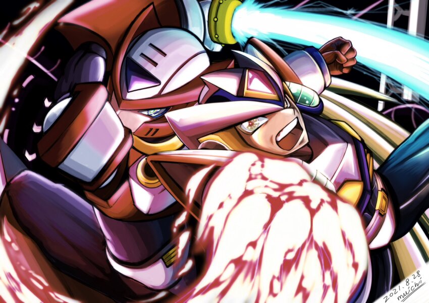 2boys agetatekoron2 armor clenched_hands commentary_request dated energy_sword flaming_hand forehead_jewel helmet highres holding holding_sword holding_weapon male_focus mega_man_(series) mega_man_x_(series) multiple_boys red_armor red_helmet second_armor_x_(mega_man) sword weapon white_armor white_helmet x_(mega_man) z_saber zero_(mega_man)