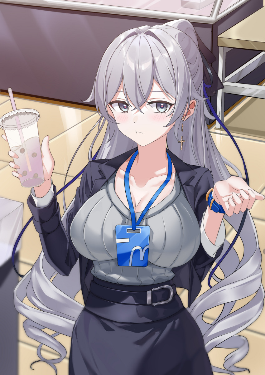 1girl belt black_belt black_jacket black_ribbon blush bracelet breasts bronya_zaychik bronya_zaychik_(outstanding_attitude) bronya_zaychik_(silverwing:_n-ex) cleavage closed_mouth collarbone commentary_request cowboy_shot drink earrings grey_eyes grey_hair grey_sweater hands_up highres holding holding_drink honkai_(series) honkai_impact_3rd indoors jacket jewelry lanyard large_breasts lazy_yuanying long_hair long_sleeves looking_at_viewer office_lady official_alternate_costume open_clothes open_jacket pout red_pupils ribbed_sweater ribbon solo sweater sweater_tucked_in tile_floor tiles very_long_hair