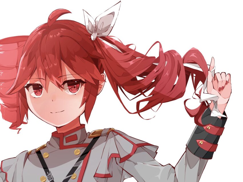 1girl belt black_belt black_sleeve_cuffs buttons closed_mouth double-breasted drill_hair floating_hair hand_up highres holding holding_ribbon kasane_teto kasane_teto_(sv) layered_sleeves long_sleeves red_eyes red_hair red_nails red_trim ribbon shoulder_belt shoulder_boards simple_background smile solo synthesizer_v tu_gumi twin_drills upper_body utau white_background