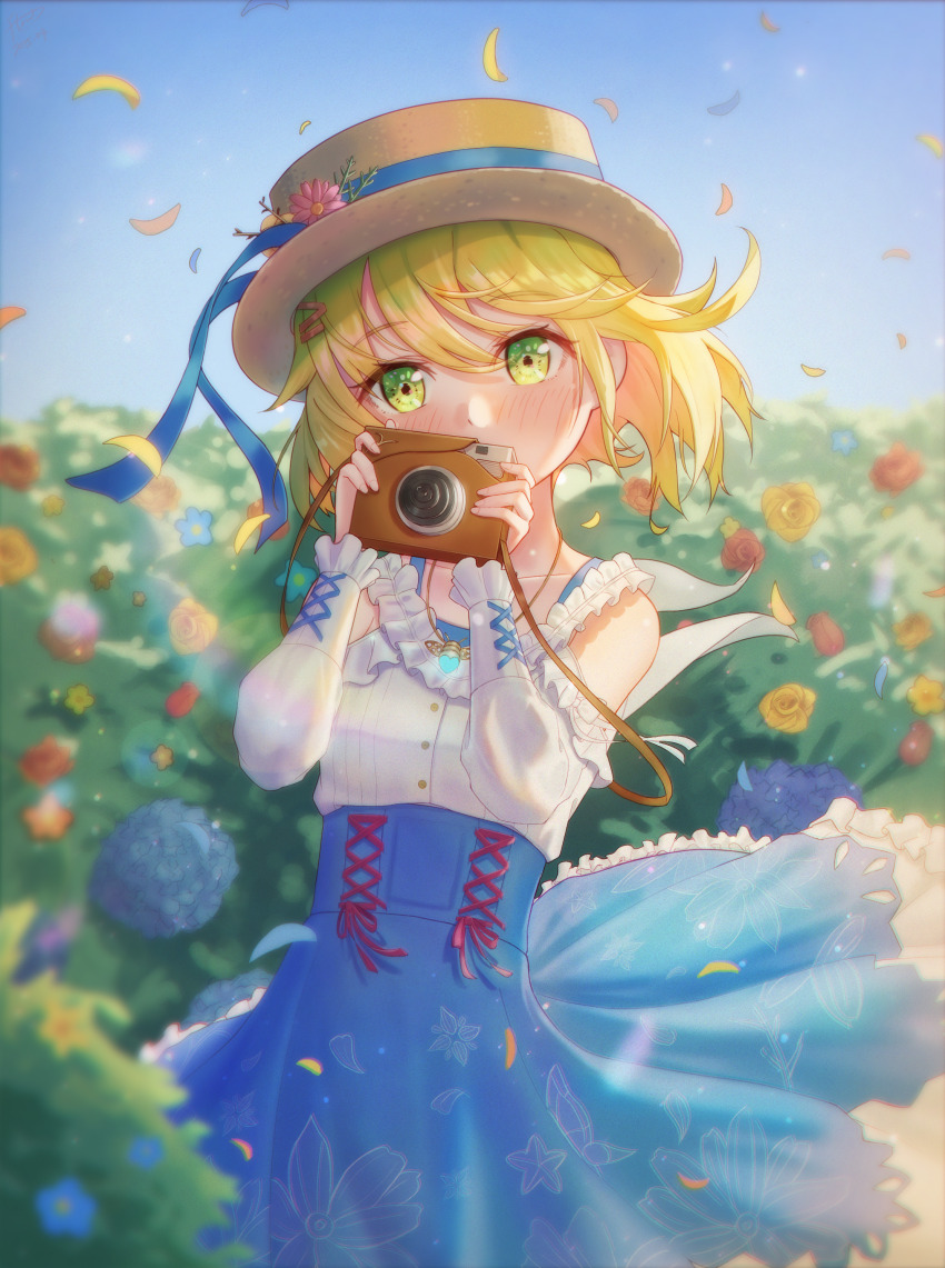 1girl 2025 absurdres bare_shoulders blonde_hair blue_flower blue_ribbon blue_skirt blue_sky blush bush camera collarbone commentary_request dated day falling_petals floating_clothes floating_hair floral_print floral_print_skirt flower flowingcrescent frilled_shirt frilled_skirt frilled_sleeves frills garden hair_between_eyes hair_ornament hairclip hands_up hat hat_flower hat_ribbon heaven_burns_red high-waist_skirt highres holding holding_camera irene_redmayne long_sleeves looking_at_viewer official_alternate_costume outdoors petals pink_flower print_skirt red_flower red_rose ribbon rose shirt short_hair signature skirt sky sun_hat white_shirt wind yellow_eyes yellow_flower yellow_rose