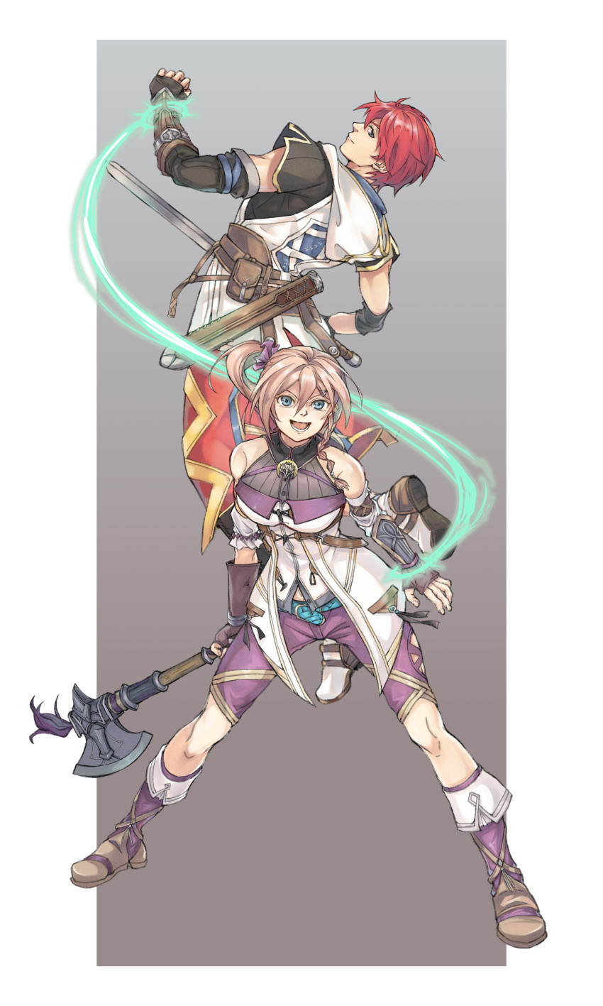 1boy 1girl absurdres adol_christin aqua_eyes axe bare_shoulders blonde_hair border braid brown_gloves einndrei fingerless_gloves full_body gloves hair_ornament hairclip highres holding holding_axe holding_sword holding_weapon karja_balta looking_at_viewer open_mouth outside_border purple_footwear red_hair short_hair short_sleeves side_ponytail simple_background sword weapon white_border ys ys_x:_nordics