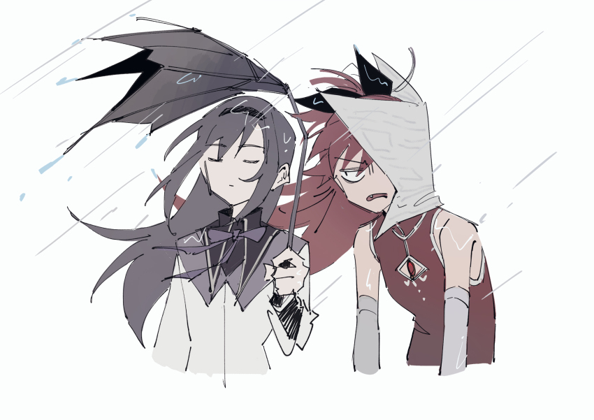 2girls akemi_homura akemi_homura_(magical_girl) bare_shoulders black_bow black_collar black_hair bow closed_eyes collar detached_sleeves die_(die0118) dress grey_sleeves hair_bow hairband high_collar highres holding holding_umbrella long_hair looking_at_another looking_to_the_side magical_girl mahou_shoujo_madoka_magica multiple_girls newspaper rain red_dress red_hair sakura_kyoko sakura_kyoko_(magical_girl) sleeveless sleeveless_dress small_pupils soul_gem storm umbrella upper_body wet white_dress