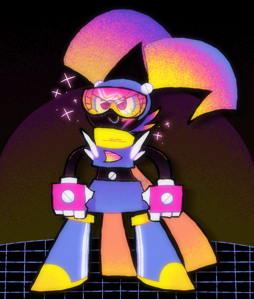 &gt;:) 1girl alternate_color alternate_costume alternate_eye_color alternate_hair_color alternate_skin_color arms_at_sides artist_logo artist_name black_background black_skin clenched_hands closed_mouth colored_skin commentary faby_saturn facial_mark flipped_hair full_body glowing goggles gradient_hair highres humanoid_robot jenny_wakeman lightning_bolt_symbol logo looking_at_viewer midriff miniskirt multicolored_hair my_life_as_a_teenage_robot purple_eyes robot robot_girl scarf science_fiction skirt smile solo standing swept_bangs twintails v-shaped_eyebrows vaporwave watermark yellow_scarf