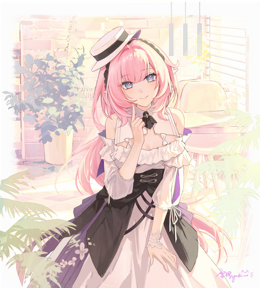 1girl alternate_costume bare_shoulders blue_eyes breasts chinese_commentary cleavage closed_mouth collar commentary_request cowboy_shot dress elysia_(honkai_impact) elysia_(sweet_memories)_(honkai_impact) hat highres honkai_(series) honkai_impact_3rd index_finger_raised indoors long_hair looking_at_viewer medium_breasts official_alternate_costume pink_eyes pointy_ears sidelocks signature smile solo white_collar white_dress white_hat yukiri_(l_ii)