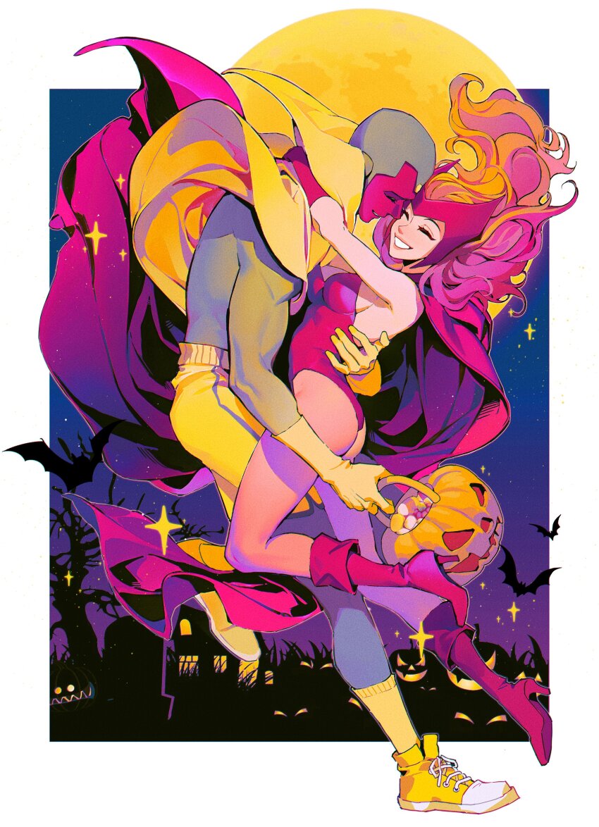 1boy 1girl absurdres al_(ahr) bare_shoulders bat_(animal) blue_sky boots border breasts bucket building candy cape closed_eyes colored_skin commentary couple english_commentary floating_hair flying food forehead_jewel full_body full_moon gloves gradient_hair gradient_sky green_skin halloween halloween_bucket happy hetero highres holding holding_bucket hug leotard long_hair marvel marvel_cinematic_universe mask mask_on_head medium_breasts moon multicolored_hair multicolored_skin night night_sky orange_hair outdoors outside_border pink_boots pink_cape pink_gloves pink_hair pink_leotard pink_mask pumpkin purple_sky red_skin scarlet_witch shoes shorts sky smile sneakers socks sparkle star_(sky) starry_sky teeth vision_(marvel) wanda_maximoff wandavision wavy_hair white_border yellow_cape yellow_gloves yellow_moon yellow_shoes yellow_shorts yellow_socks