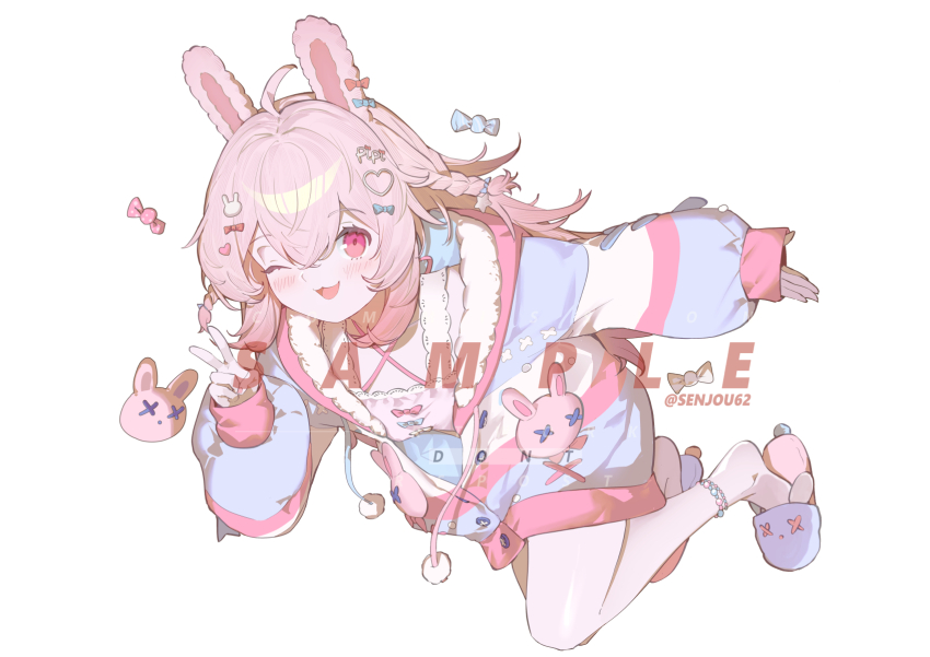 1girl :3 ahoge animal_ears animal_slippers anklet bead_anklet beads blush bow braid bunny_slippers commentary commission criss-cross_halter ear_bow english_commentary full_body fur-trimmed_jacket fur-trimmed_pajamas fur_trim hair_between_eyes hair_ornament halterneck heart heart_hair_ornament highres jacket jewelry long_hair looking_at_viewer multicolored_jacket one_eye_closed open_clothes open_jacket open_mouth pajamas phase_connect pink_eyes pink_hair pink_pajamas pipkin_pippa pipkin_pippa_(1st_costume) pom_pom_(clothes) rabbit_ears rabbit_girl rabbit_hair_ornament rabbit_ornament sample_watermark sen-jou simple_background slippers smile solo twitter_username v virtual_youtuber watermark white_background
