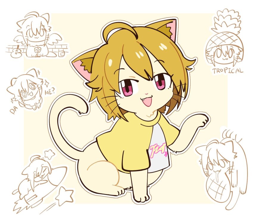 +_+ 1girl :3 ahoge animal_ear_fluff animalization blonde_hair border bread cat fang food full_body guitar hair_flaps ibuki_tsubasa idolmaster idolmaster_million_live! instrument looking_at_viewer melon_bread millcookie_pro multiple_views no_humans open_mouth pink_eyes rocket shirt short_hair simple_background sitting sparkle star_(symbol) t-shirt whiskers white_border yellow_background