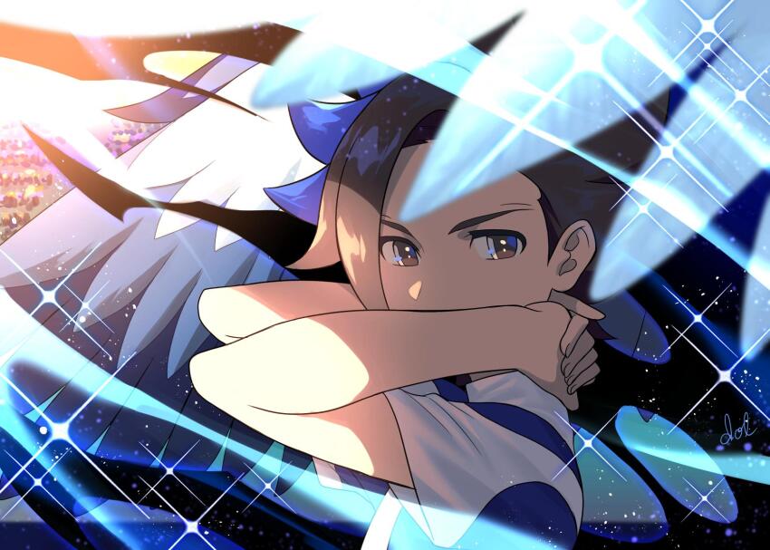 1boy arms_behind_head blue_feathers blue_hair brown_eyes brown_hair dolustoy earth_eleven feathers highres inazuma_eleven_(series) inazuma_eleven_go inazuma_eleven_go_galaxy looking_at_viewer male_focus matatagi_hayato multicolored_hair multicolored_shirt soccer_uniform solo sportswear wings
