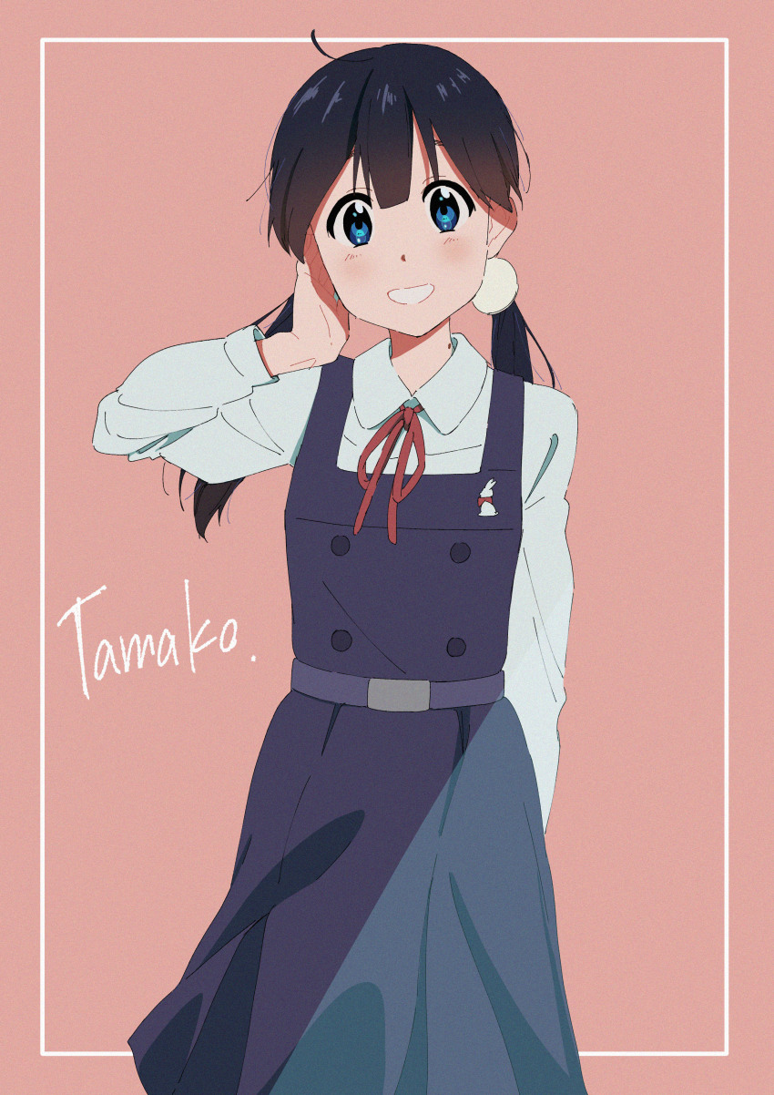 1girl absurdres belt character_name collared_shirt highres kitashirakawa_tamako long_hair looking_at_viewer na1gahama overall_skirt shirt smile solo straight-on tamako_market white_shirt