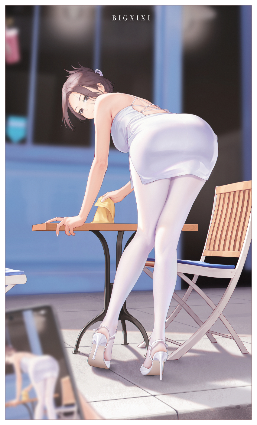 1girl 1other absurdres ass back bare_shoulders bent_over bigxixi black_eyes black_hair breasts cellphone chair hair_ornament hairclip high_heels highres holding holding_phone looking_at_viewer medium_breasts original paid_reward_available pantyhose phone pov smartphone table variant_set white_footwear white_pantyhose