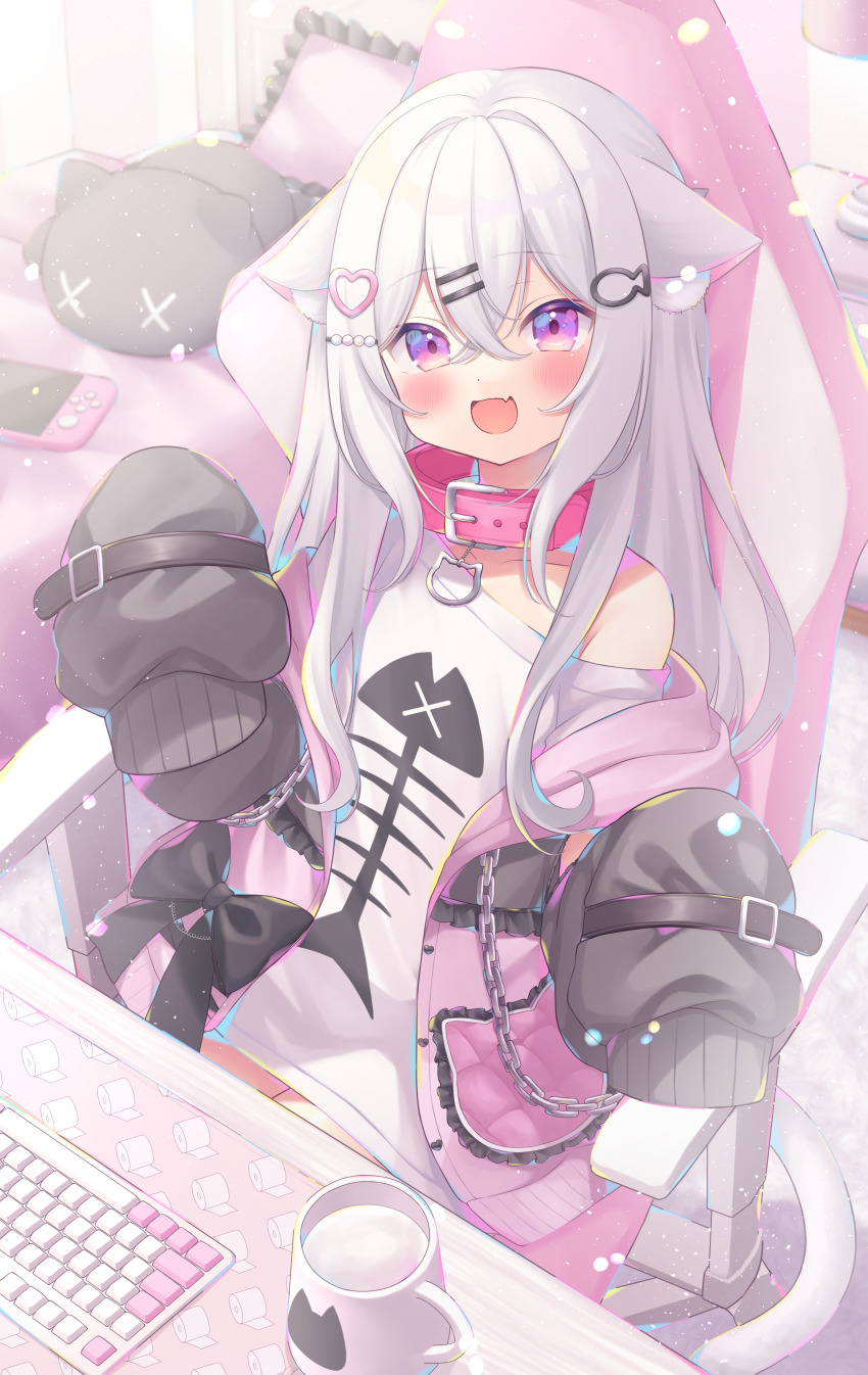 1girl :d absurdres animal_ear_fluff animal_ears bed bedroom black_jacket cat_ears cat_girl cat_tail chair collar computer_keyboard cup desk ears_down erunoto fang fish_skeleton_print frilled_pillow frills gaming_chair grey_hair handheld_game_console highres indie_virtual_youtuber jacket long_hair long_sleeves looking_at_viewer mitarai_komoru mug multicolored_jacket no_pants off_shoulder open_clothes open_jacket open_mouth pillow pink_collar pink_jacket purple_eyes shirt sitting skin_fang sleeves_past_fingers sleeves_past_wrists smile stuffed_animal stuffed_cat stuffed_toy swivel_chair tail two-tone_jacket virtual_youtuber white_hair white_shirt