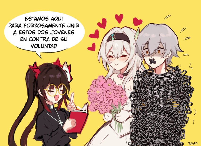 1boy 2girls bouquet caelus_(honkai:_star_rail) chain chained check_translation dress firefly_(honkai:_star_rail) flower highres holding holding_bouquet honkai:_star_rail honkai_(series) jhenny345 meme movie_reference multiple_girls simple_background spanish_text sparkle_(honkai:_star_rail) speech_bubble trailblazer_(honkai:_star_rail) translated translation_request upper_body wedding wedding_dress yellow_background
