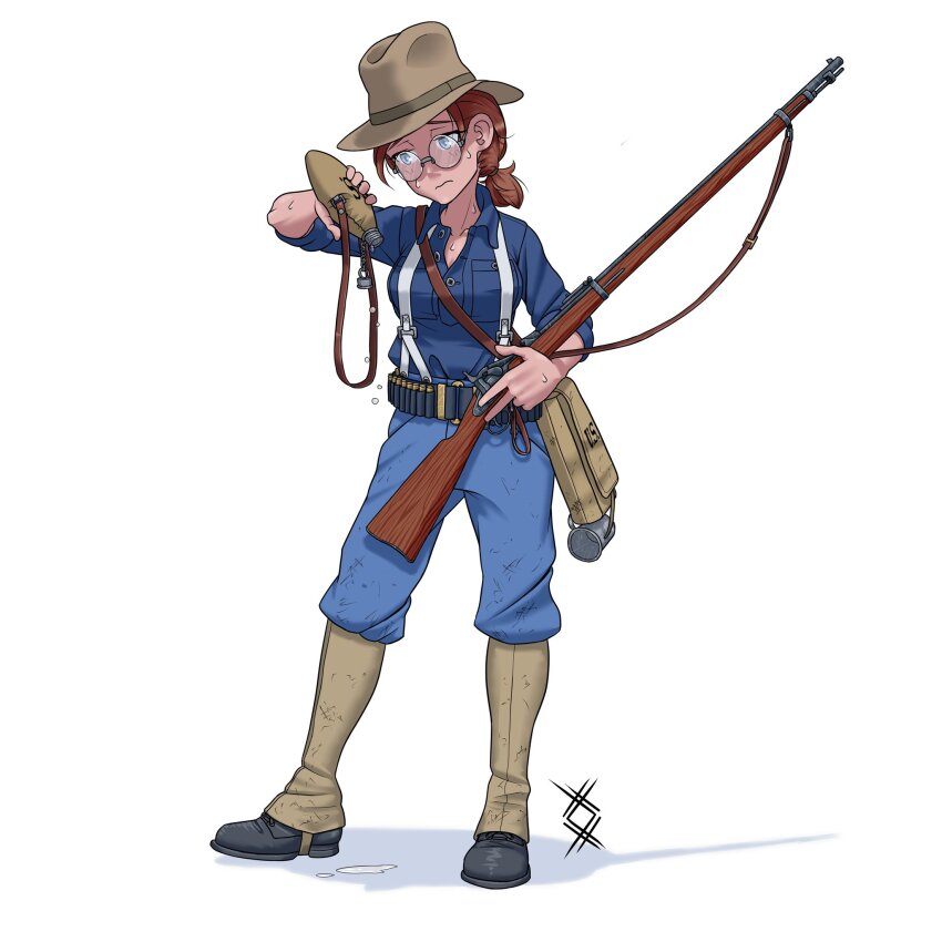 1girl antique_firearm black_shoes blue_eyes blue_pants blue_shirt brown_hat campaign_hat caplock closed_mouth commentary commission english_commentary firearm firelock gaiters glasses gun gun_sling hat highres holding_canteen hot military military_uniform original ostwindprojekt pants red_hair rifle rifle_cartridge shirt shoes simple_background sleeve_rolled_up solo spanish-american_war suspenders sweat water_drop weapon white_background