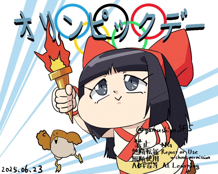 1girl artist_name black_hair breasts chibi dated fingerless_gloves gloves grey_eyes hair_ribbon japanese_text legs long_hair mamahaha nakoruru olympics pants ribbon samurai_spirits small_breasts smile snk the_king_of_fighters thighs translated