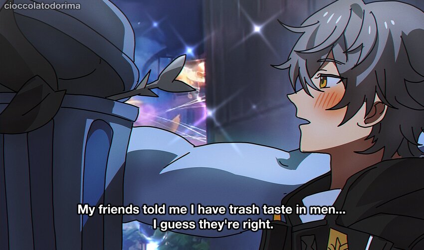 1boy 1other blush caelus_(honkai:_star_rail) cioccolatodorima english_text from_side grey_hair highres honkai:_star_rail honkai_(series) kabedon lordly_trashcan_(honkai:_star_rail) short_hair sparkle subtitled trailblazer_(honkai:_star_rail) trash_can upper_body yellow_eyes