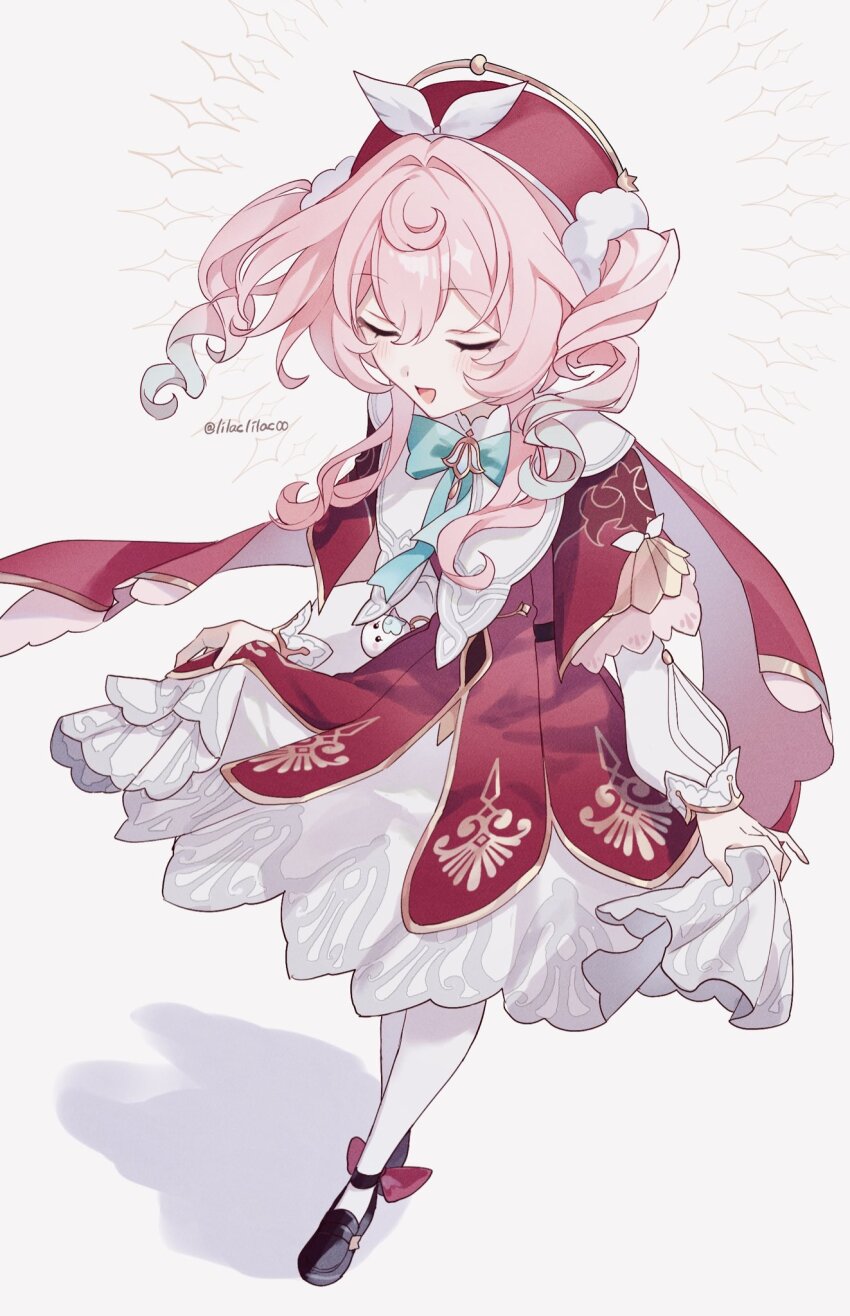 1girl aqua_bow bow closed_eyes curtsey dress drill_hair facing_viewer footwear_bow from_above full_body grey_background hashtag-only_commentary hat highres honkai:_star_rail honkai_(series) hyacine_(honkai:_star_rail) lilaclilac00 long_hair long_sleeves multicolored_hair open_mouth pantyhose pink_hair red_bow red_dress red_hat simple_background skirt_hold smile solo standing twin_drills twintails twitter_username two-tone_hair white_pantyhose white_sleeves
