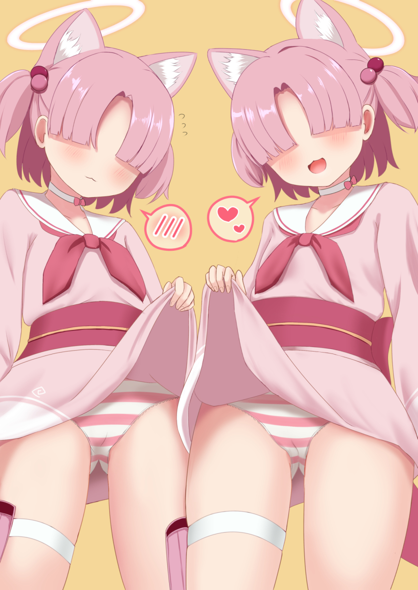 2girls :d animal_ear_fluff animal_ears blue_archive blush brown_background chlorella_observation_club_member_(blue_archive) choker closed_mouth clothes_lift commentary_request dress dress_lift flying_sweatdrops gluteal_fold hair_bobbles hair_ornament hair_over_eyes halo heart highres lifting_own_clothes michou multiple_girls open_mouth panties parted_bangs pink_dress simple_background smile spoken_blush spoken_heart striped_clothes striped_panties thigh_strap two_side_up underwear white_choker