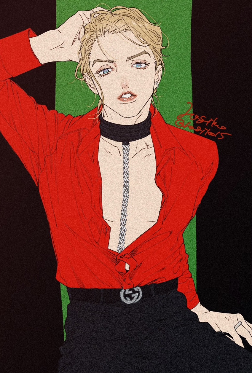 1boy aegyo_sal arm_up belt black_belt black_collar black_pants blonde_hair blue_eyes chain chain_leash collar collarbone earrings eyeshadow hagiko15 hand_in_own_hair highres jewelry jojo_no_kimyou_na_bouken leash long_sleeves makeup male_focus open_clothes open_shirt outside_border pants parted_lips partially_unbuttoned pillarboxed pink_lips prosciutto red_shirt ring shirt shirt_tucked_in solo vento_aureo