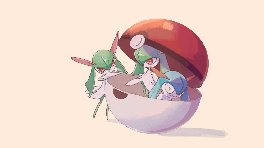 alternate_color blue_skin colored_skin game_freak gen_3_pokemon green_hair green_skin highres horns kirlia multicolored_skin mxlaghrsuk33yws nintendo no_feet open_poke_ball orange_eyes pink_eyes poke_ball poke_ball_(basic) pokemon pokemon_(creature) shiny_pokemon sidelocks simple_background two-tone_skin white_skin