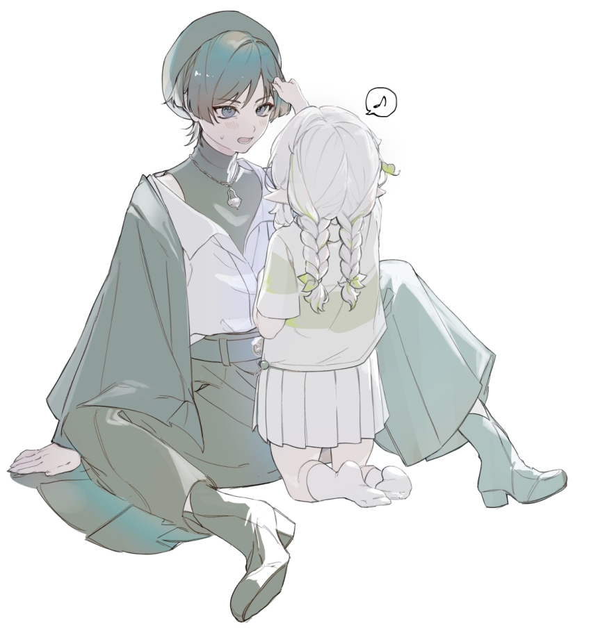 1boy 1girl alternate_costume alternate_hairstyle belt beret black_boots black_hair black_hat black_pants blue_belt blunt_ends blush boots braid casual chain contemporary eyeliner eyeshadow furrowed_brow genshin_impact gold_buckle gold_chain green_hair green_shawl green_trim hair_ornament hakama hakama_pants hat highres japanese_clothes jewelry kneeling leaf leaf_hair_ornament long_hair looking_at_hand low-braided_long_hair low-tied_long_hair lower_teeth_only makeup metio2n multicolored_hair musical_note muted_color nahida_(genshin_impact) official_alternate_costume open_mouth pants pendant pleated_skirt pointy_ears purple_eyes red_eyeliner red_eyeshadow scaramouche_(genshin_impact) shawl shirt sitting skirt socks spoken_musical_note spread_legs streaked_hair sweatdrop teeth tsurime turtleneck turtleneck_shirt twin_braids wanderer_(genshin_impact) wanderer_(wanderer_impression)_(genshin_impact) white_background white_hair white_shirt white_skirt white_socks wing_collar
