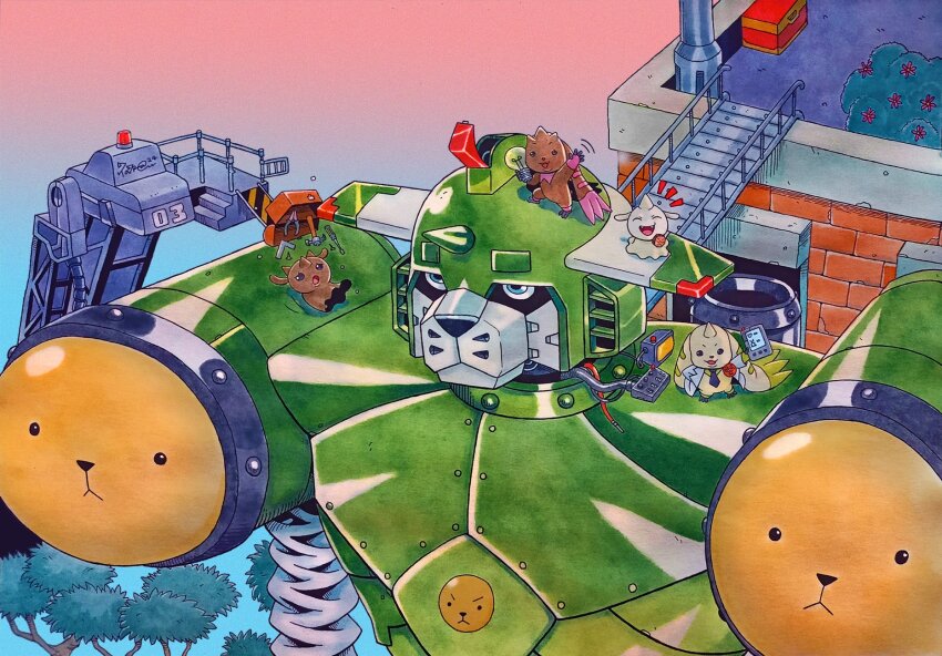 animal_ears armor badge blue_eyes blue_necktie building button_badge cable chocomon claw_hammer clothed_digimon digimon digimon_(creature) evolutionary_line expressionless falling from_above furrowed_brow giant green_armor gummymon hammer highres holding holding_tablet_pc horns lab_coat light_bulb looking_at_viewer lop_rabbit_ears lopmon maintenance mecha monitor multiple_horns necktie notice_lines on_mecha open_mouth pliers rabbit_ears repairing robot saintgalgomon screwdriver single_horn tablet_pc taragraphika terriermon terriermon_assistant toolbox tools tree waving