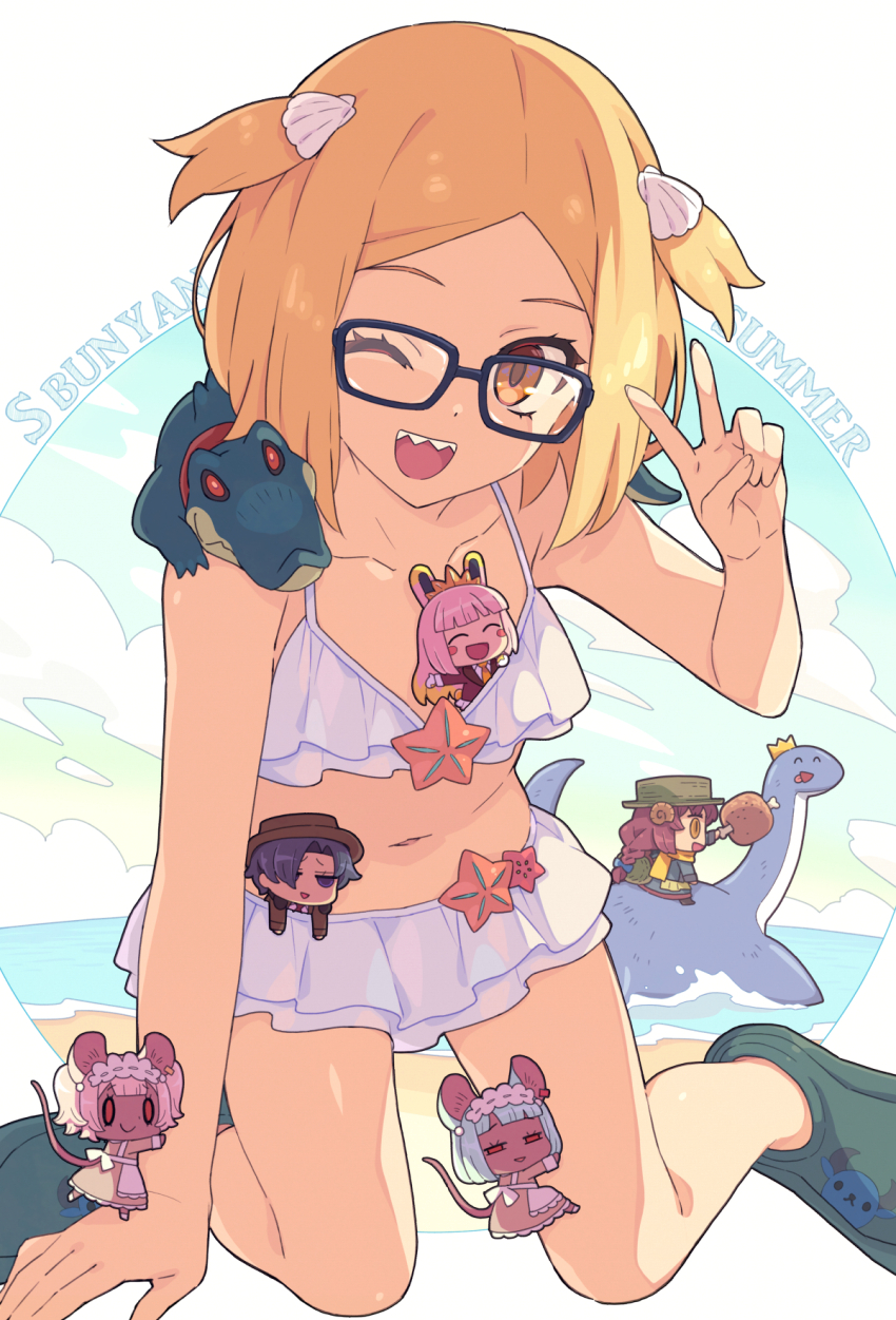 6+girls alligator animal_ears assassin_(learning_with_manga!_fgo) bare_shoulders bikini blonde_hair blush breasts chibi crocodilian daikokuten_(fate) daikokuten_(first_ascension)_(fate) dark-skinned_female dark_skin fate/grand_order fate_(series) giant giantess glasses highres kneeling looking_at_viewer mary_anning_(fate) mary_anning_(second_ascension)_(fate) mike_fink_(fate) mouse_ears mouse_girl mouse_tail multiple_girls open_mouth parted_bangs paul_bunyan_(fate) pink_hair plesiosaur red_eyes revision rider_(learning_with_manga!_fgo) saipaco short_hair small_breasts smile super_bunyan_(fate) swimsuit tail twintails two_side_up white_bikini white_hair yellow_eyes