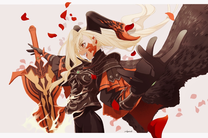 1girl absurdres armor blonde_hair breastplate cape fangs fate/grand_order fate_(series) foreshortening gloves hand_on_hilt highres horns long_hair nagatsuki_(huwamo9_8ku) nero_claudius_(fate) open_mouth pale_skin petals profile pteruges queen_draco_(fate) red_eyes scales signature simple_background solo standing sword vambraces weapon wind