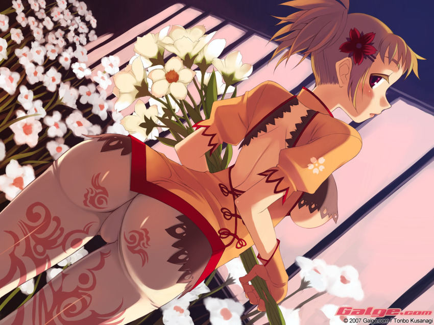 1girl 2007 ass back blush breasts brown_hair female_focus florist flower galge.com gloves impossible_clothes kusanagi_tonbo leggings looking_back medium_breasts original pantyhose ponytail print_legwear print_pantyhose red_eyes solo tattoo underboob