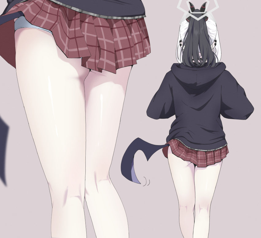 1girl black_hair black_hoodie black_horns black_wings blue_archive facing_away grey_background grey_halo halo highres hood hood_down hoodie horns kayoko_(blue_archive) kneepits low_wings multicolored_hair multiple_views panties pleated_skirt ponytail red_skirt shirt simple_background single_wing skirt two-tone_hair unamaso underwear white_panties white_shirt wings