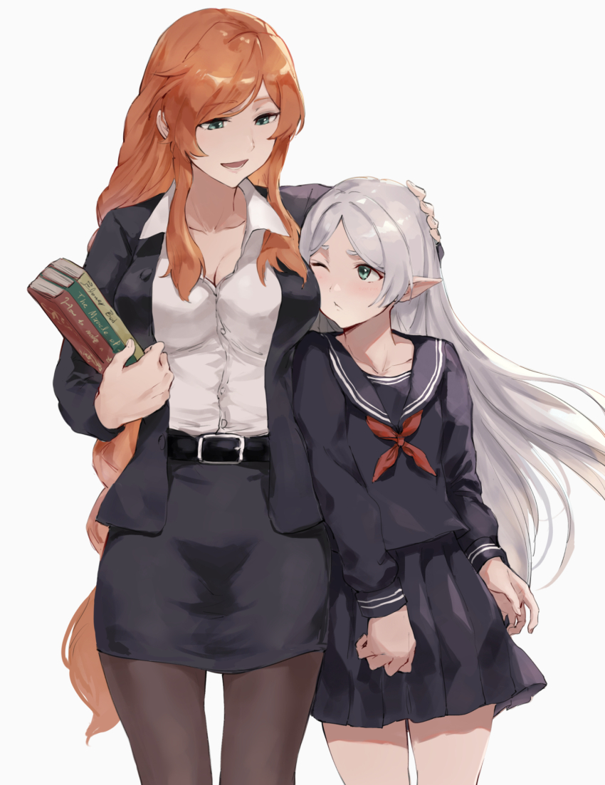 alternate_costume belt black_belt black_jacket black_sailor_collar black_serafuku black_shirt black_skirt blazer blue_eyes brown_pantyhose cheek-to-breast cheek_squash commentary_request contemporary elf flamme_(sousou_no_frieren) frieren green_eyes grey_hair hand_on_another&#039;s_head highres jacket jojobirdz long_hair long_sleeves open_clothes open_jacket open_mouth orange_hair pantyhose parted_bangs pencil_skirt pleated_skirt pointy_ears sailor_collar school_uniform serafuku shirt skirt smile sousou_no_frieren teacher_and_student very_long_hair white_background white_shirt