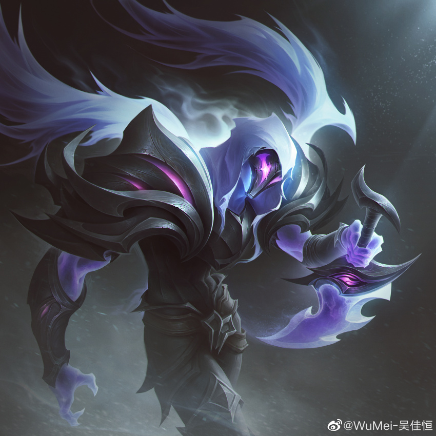 1boy absurdres armor artist_name ashen_knight_pyke ashes chest_armor colored_skin cowboy_shot dagger glowing glowing_arm glowing_eyes glowing_weapon glowing_wings highres holding holding_dagger holding_knife holding_weapon hood hoodie knife league_of_legends male_focus mask official_alternate_costume official_alternate_hairstyle purple_eyes pyke_(league_of_legends) shoulder_armor solo standing weapon wings wumei_(wujiaheng)