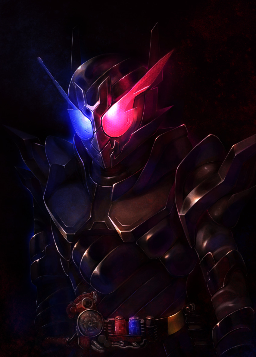 1boy armor black_armor blue_eyes build_driver dark rider_belt fullbottle glowing glowing_eyes hazard_trigger heterochromia highres kamen_rider kamen_rider_build kamen_rider_build_(series) kamishiro_mai_(capti-no) rabbit+tank_form_(black_hazard) rabbit_fullbottle red_eyes rider_belt tank_fullbottle tokusatsu