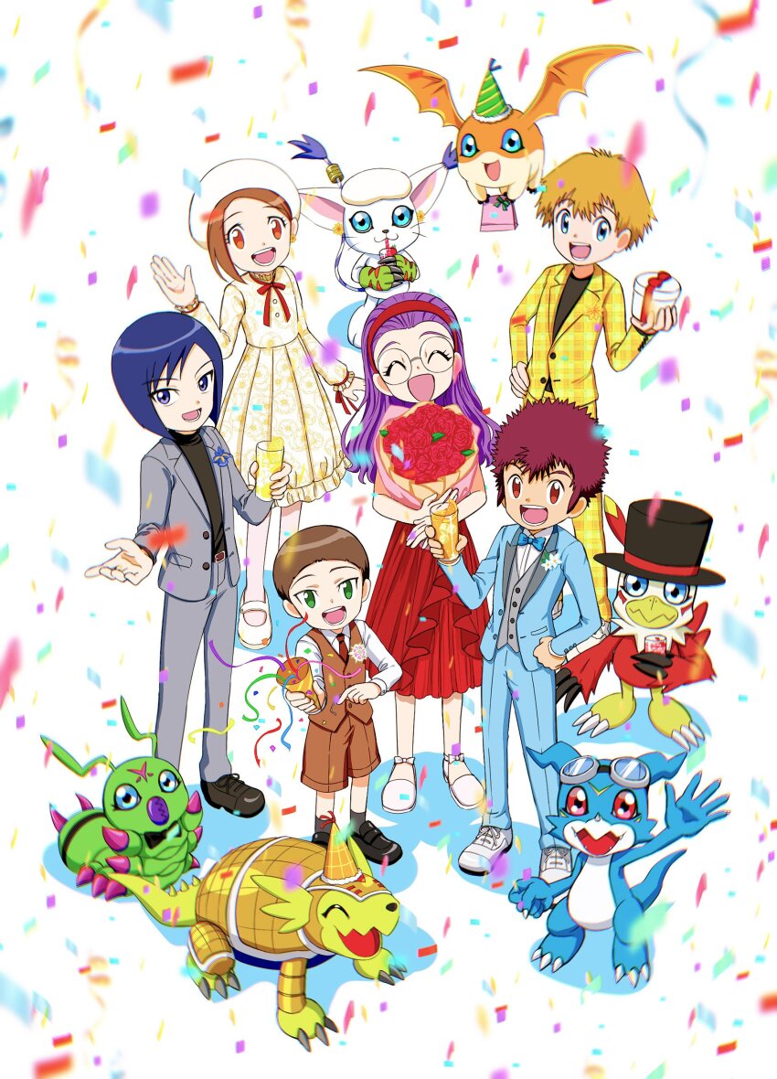 3girls 6+boys absurdres anniversary armadillo armadimon beak bird black_shirt blonde_hair blue_eyes blue_hair blue_jacket blue_pants blue_skin body_fur brown_eyes brown_hair brown_shorts brown_vest bug cat colored_skin confetti digimon digimon_adventure_02 dragon dress goggles goggles_on_head group_picture hawkmon head_wings hida_iori highres ichijouji_ken inoue_miyako jacket kuramon long_hair medium_hair motomiya_daisuke multiple_boys multiple_girls pants patamon purple_hair shirt short_hair shorts tailmon takaishi_takeru talons ulen_(asin) v-mon vest white_fur white_shirt wings wormmon yagami_hikari yellow_dress yellow_jacket yellow_pants