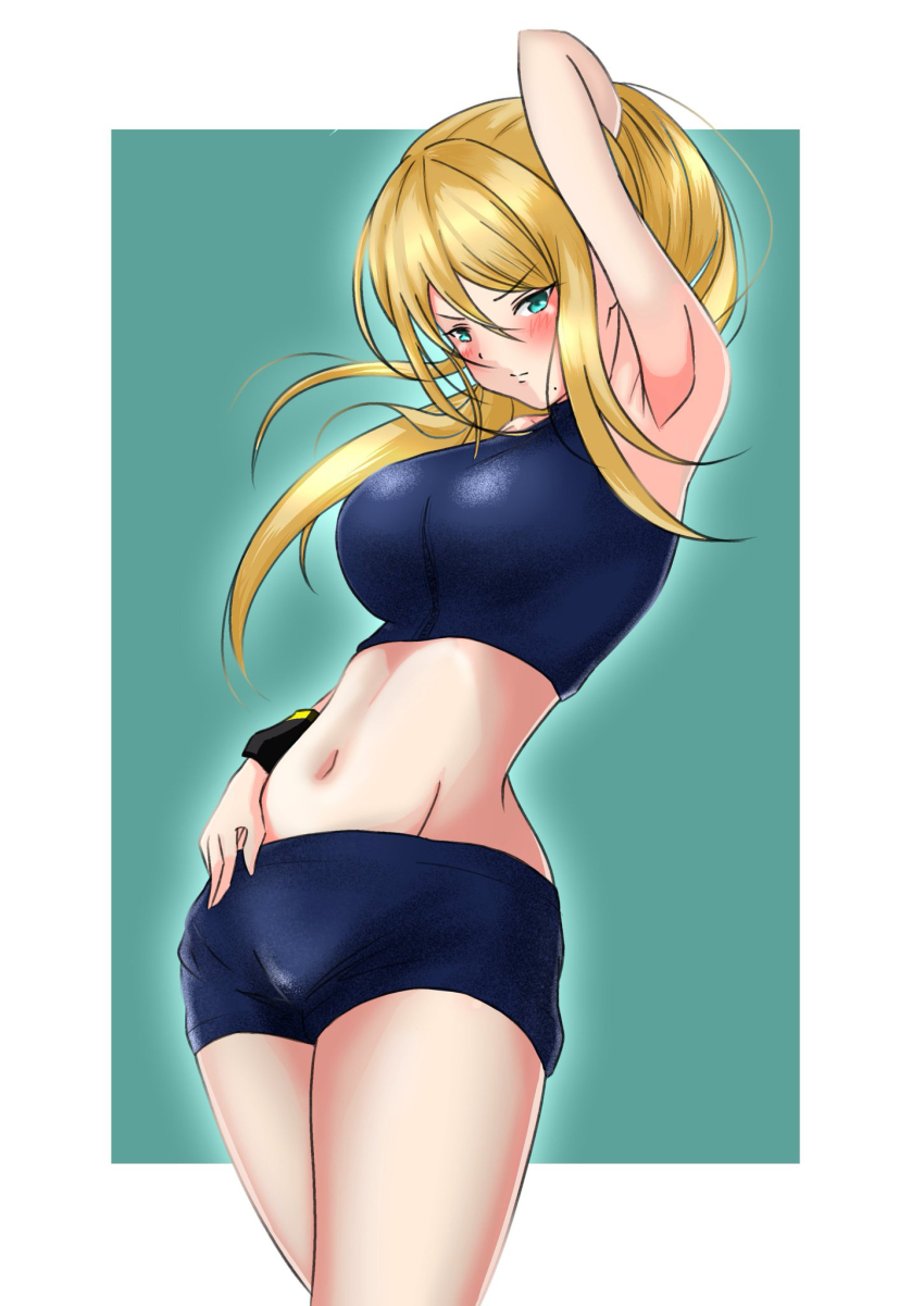 1girl annoyed arm_behind_head arm_up armpits bare_arms bare_shoulders blonde_hair blue_eyes blue_shirt blue_shorts blush bracelet breasts crop_top eyelashes female_focus full_body groin hair_between_eyes hand_on_own_hip high_ponytail highres jewelry large_breasts legs legs_together long_hair looking_at_viewer metroid midriff mole mole_under_mouth navel nintendo official_alternate_costume ponytail samus_aran shirt short_shorts shorts sidelocks standing super_smash_bros. swept_bangs thighs turtleneck_crop_top v-shaped_eyebrows zinhass