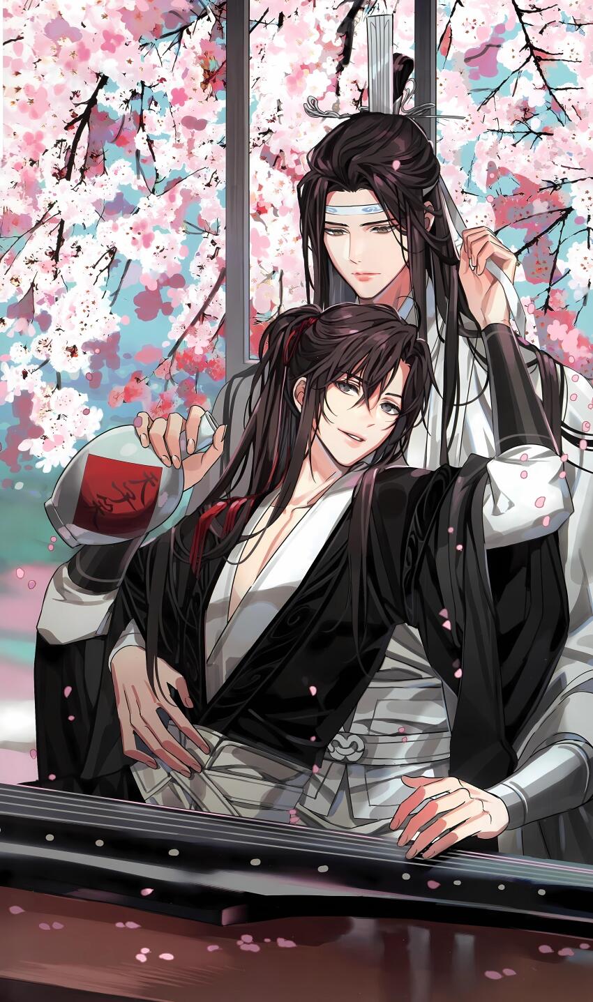 2boys absurdres black_hair black_hanfu blurry branch cherry_blossoms chinese_clothes closed_mouth couple day falling_petals flower gearous grey_eyes guqin hair_ornament hair_ribbon hand_up hanfu headband high_ponytail highres holding holding_jug holding_ribbon hug hug_from_behind indoors instrument jug_(bottle) lan_wangji long_hair long_sleeves looking_at_another looking_at_viewer male_focus modao_zushi multiple_boys music non-web_source official_art parted_bangs parted_lips pectoral_cleavage pectorals petals pink_flower playing_instrument ponytail red_ribbon ribbon robe sidelocks sitting sitting_on_lap sitting_on_person sky smile table tassel tassel_hair_ornament topknot tree upper_body wei_wuxian white_hanfu white_headband wide_sleeves window xiao_guan_(headdress) yaoi yellow_eyes