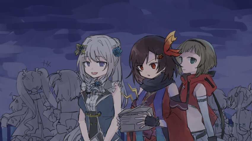 6+girls :d :o aqua_eyes ayano_rika back_bow black_hairband black_scarf blue_background blue_eyes blue_flower blue_rose blue_vest blunt_bangs bow braid brown_hair buttons collared_shirt cropped_hoodie detached_sleeves drill_hair flower frilled_sleeves frills from_behind gloves grey_bow grey_hair grey_ascot hair_bow hair_bun hair_flower hair_ornament hairband holding_radio hood hood_down hoodie ascot japanese_clothes kimono kisaki_emiri lapels long_hair long_sleeves looking_at_another looking_at_object looking_at_viewer magia_record:_mahou_shoujo_madoka_magica_gaiden magical_girl mahou_shoujo_madoka_magica medium_hair miyako_hinano multiple_girls natsu_ryoko open_mouth ponytail red_hoodie red_kimono ribbon-trimmed_hood rose sailor_collar scarf shirt short_bangs short_hair short_sleeves side_braid sidelocks single_braid smile suzuka_sakuya swept_bangs totte twintails two_side_up underbust very_long_hair vest white_gloves white_shirt yakumo_mitama yuzuki_hotori yuzuki_rion