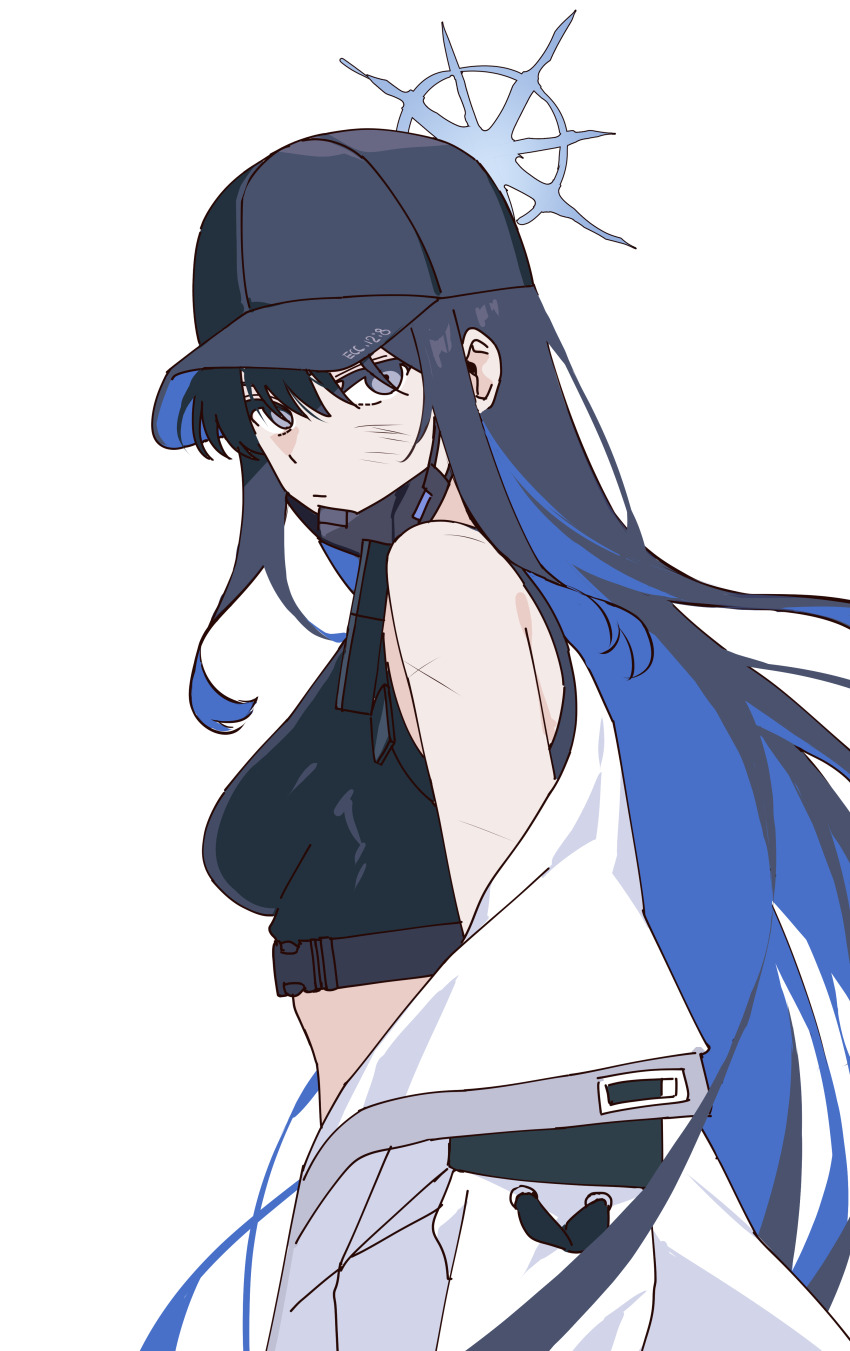 1girl absurdres baseball_cap black_hair black_hat black_mask blanchat blue_archive blue_hair breasts closed_mouth colored_inner_hair crop_top hair_between_eyes halo hat highres jacket long_hair looking_at_viewer mask mask_around_neck medium_breasts mouth_mask multicolored_hair off_shoulder purple_eyes saori_(blue_archive) scrape solo swept_bangs transparent_background very_long_hair white_jacket