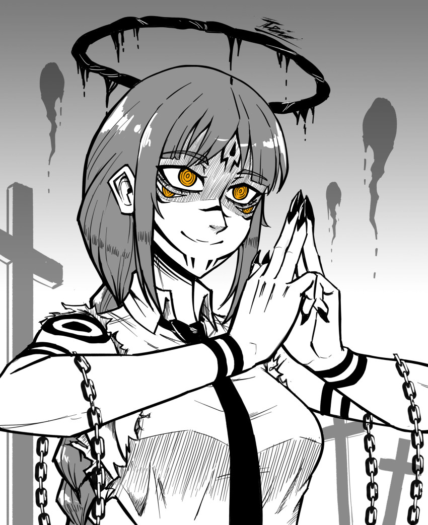 1girl absurdres arm_tattoo artist_name black_necktie chain chainsaw_man commentary cosplay cross demon_girl english_commentary extra_eyes facial_tattoo fingernails greyscale halloween halo happy_halloween highres inktober jujutsu_kaisen long_hair low_ponytail makima_(chainsaw_man) monochrome necktie own_hands_together ponytail pose_imitation ringed_eyes ryoumen_sukuna_(jujutsu_kaisen) ryoumen_sukuna_(jujutsu_kaisen)_(cosplay) sharp_fingernails shirt side_ponytail sidelocks smile solo tattoo teiwicked torn_clothes torn_sleeves white_shirt yellow_eyes