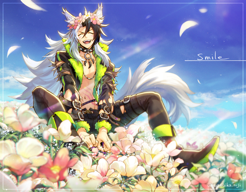 1boy absurdres behemoth_(megido72) belt belt_buckle black_boots black_hair black_legwear boots buckle closed_eyes collarbone commentary_request day facial_mark fang field fingernails flower flower_field fur_trim green_belt head_wreath highres hotaruika_niji jewelry long_hair male_focus megido72 multicolored_hair muscular navel necklace open_mouth scar sharp_fingernails sitting smile solo thigh_strap white_hair